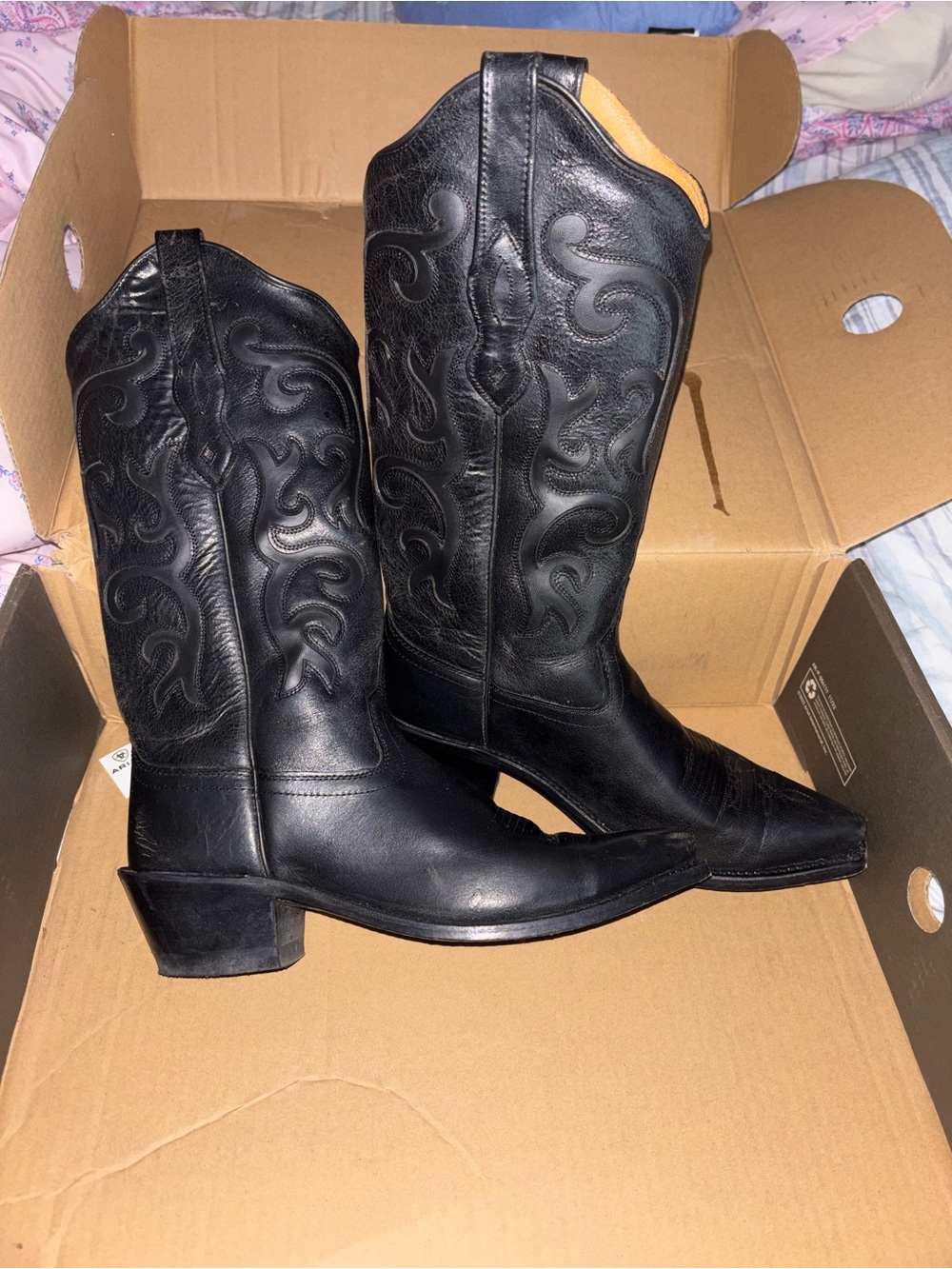 Old West Black Leather Western Cowboy Boots - Picture 3 of 8